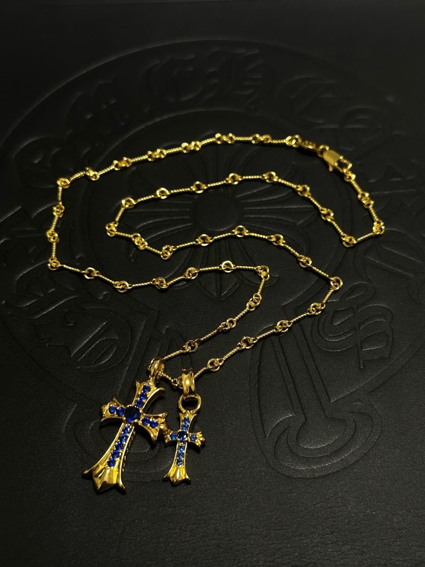 Chrome Hearts Gold Cross Pendant Necklace with Blue Stones